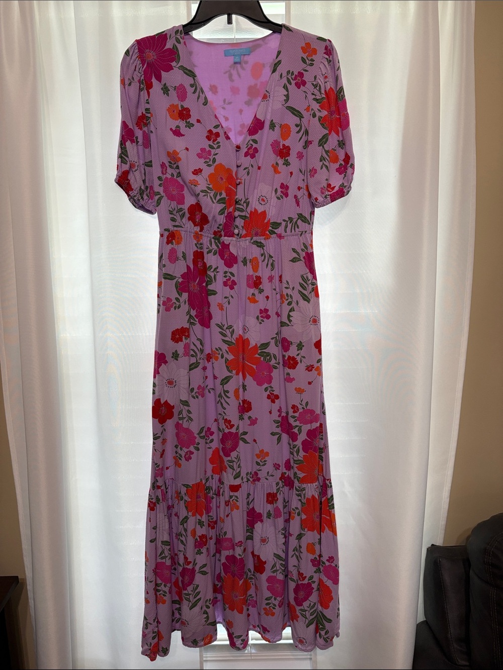 Draper James Lavender Floral V-Neck Maxi Dress with Pink and Red Blooms